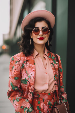 beautiful young woman in sunglasses and hat walking on street in cityの素材