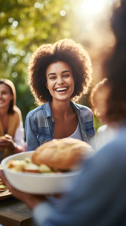 Group of friends having lunch together outdoors. Young african american woman holding a plate with food.の素材