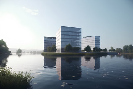 Modern office building on a lake in a foggy morning. 3d renderの素材