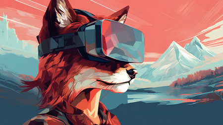 Vector illustration of a dog in virtual reality glasses on the background of mountains.の素材