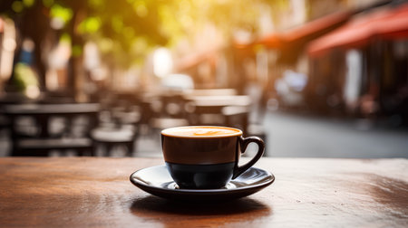 Coffee cup on wooden table with bokeh background.の素材