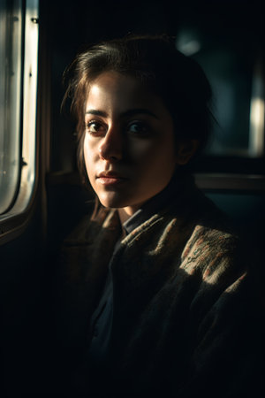 Portrait of a beautiful young woman in a train. Vintage style.の素材
