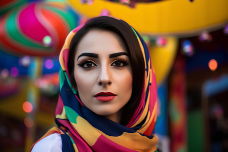 Portrait of a beautiful young woman with bright make-up and multicolored scarf.の素材