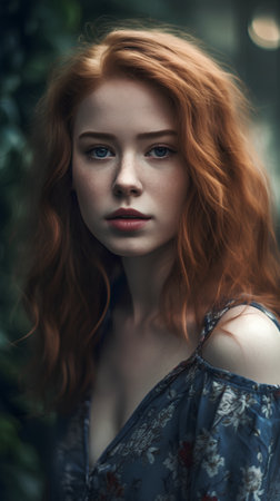 Portrait of a beautiful red-haired girl with frecklesの素材