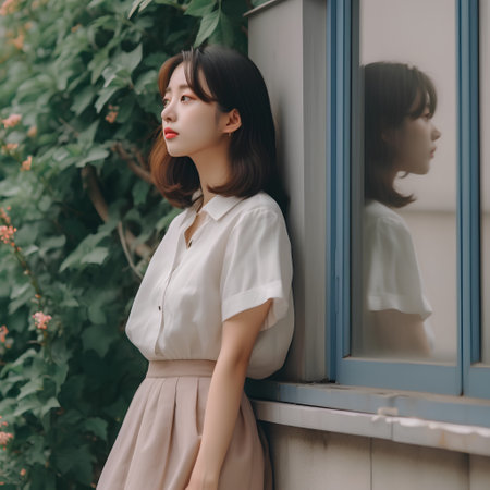 Portrait of a beautiful asian girl in a white shirt.の素材
