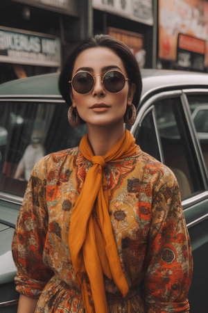 Fashionable young woman in sunglasses and orange scarf on the streetの素材
