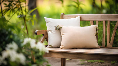 Pillow on the wooden chair in the garden with nature backgroundの素材
