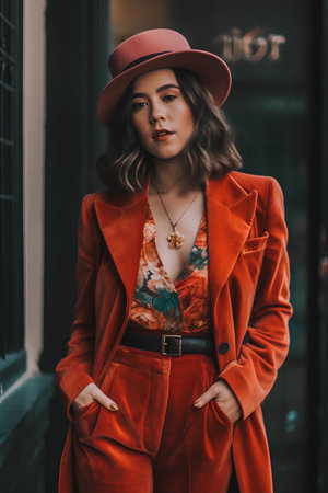 Beautiful young woman in a red coat and hat on the streetの素材