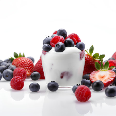 Yogurt with fresh berries on white background. Healthy breakfast.の素材