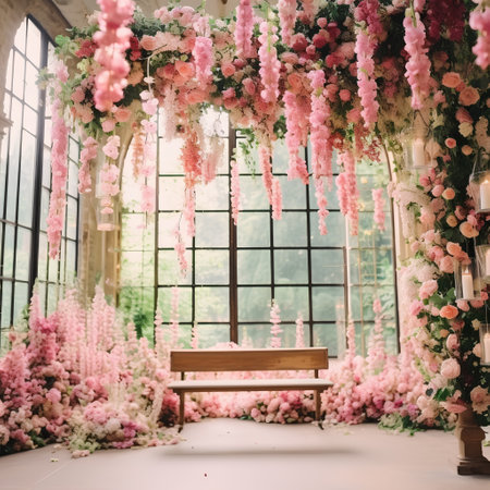 Wedding arch decorated with pink flowers and wooden bench. Wedding decorationの素材