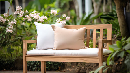 Wooden chair with white pillows in the garden. Selective focus.の素材