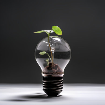 Energy saving light bulb with green sprout growing inside on dark backgroundの素材