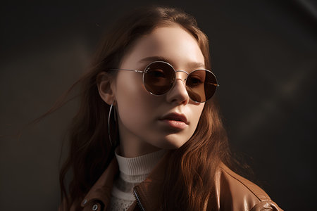 Fashionable young woman in brown leather jacket and sunglasses. Studio shot.の素材