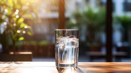 Glass of water with ice cubes on wooden table in cafe, closeupの素材