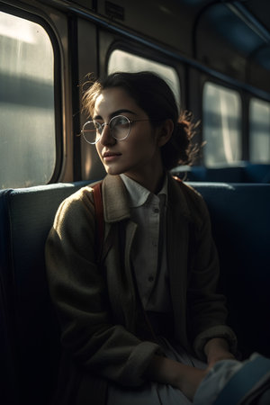 Portrait of a beautiful young woman in eyeglasses sitting in a train.の素材