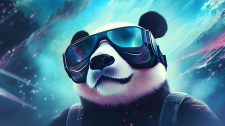 Panda wearing a helmet and glasses. 3D illustration. Abstract background.の素材