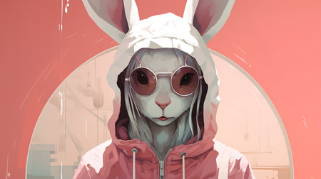 Funny rabbit in a raincoat and sunglasses. Vector illustration.の素材
