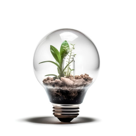 Bulb with green plant inside isolated on white background, environmental conceptの素材