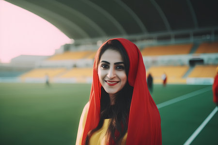 Beautiful girl in a red cloak on the football stadium in the eveningの素材