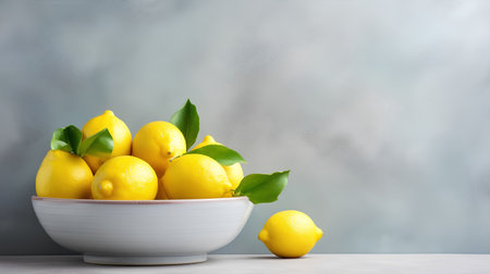 Lemons in a bowl with green leaves on a gray backgroundの素材