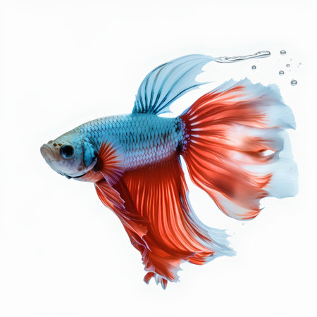 Capture the moving moment of red-blue siamese fighting fish isolated on white background. Betta fish.の素材