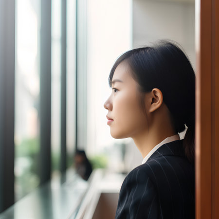 Portrait of young businesswoman looking out the window in office.の素材