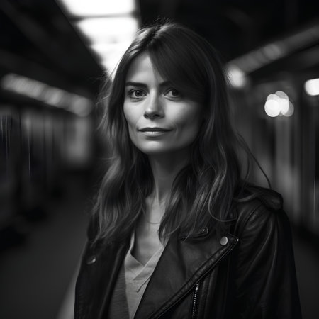 Portrait of a young woman in a subway station in black and whiteの素材