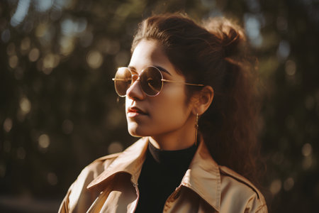 Portrait of a beautiful young woman with curly hair in a beige trench coat and sunglasses.の素材