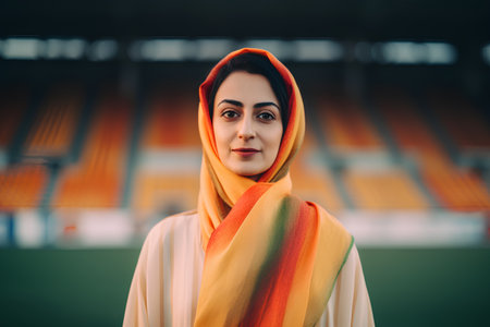 beautiful muslim woman in hijab looking at camera on football stadiumの素材