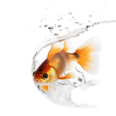 Goldfish in water splash isolated on white background, clipping path includedの素材