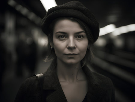 Portrait of a beautiful girl in a beret on a subway stationの素材