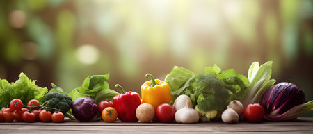 Fresh vegetables on wooden table with bokeh background. Healthy food concept.の素材