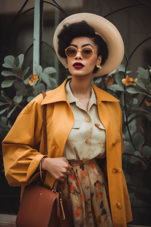 stylish young woman in sunglasses and hat with handbag walking on streetの素材