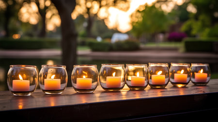 Candles on the table in the park. Selective focus.の素材