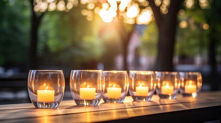 Burning candles in glass on wooden table in garden at sunset.の素材