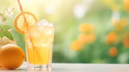 Glass of fresh orange juice with ice cubes and straw on wooden table outdoorsの素材