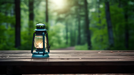 Lantern on a wooden table in the forest. The concept of travel and camping.の素材