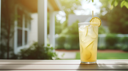 Glass of lemonade with lemon and ice cubes on wooden table outdoorsの素材