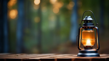 Lantern on a wooden table on a background of the forestの素材