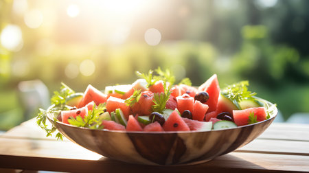 Fresh watermelon salad in a wooden bowl on a table in the gardenの素材