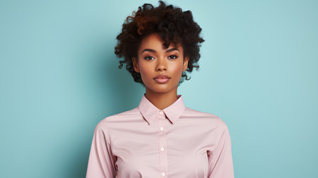 Young african american woman with afro hairstyle in pink shirt on blue backgroundの素材