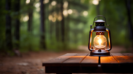 Lantern on a wooden table in the forest at night.の素材