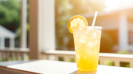 Lemonade with ice in a glass on the terrace.の素材