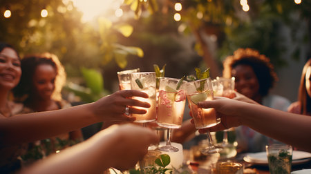 Group of friends toasting with cocktails at a party in the garden.の素材