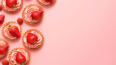 Strawberry tartlets with whipped cream and fresh berries on pink backgroundの素材