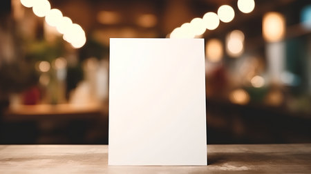 Blank paper sheet on wooden table in coffee shop. Mock up, 3D Renderingの素材