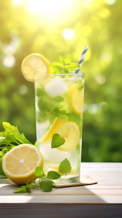 Glass of mojito with lemon and mint on wooden table outdoorsの素材