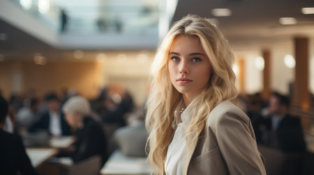 Portrait of a beautiful young business woman in a business center.の素材