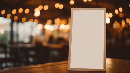 Blank menu board on wooden table in coffee shop with bokeh backgroundの素材