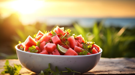 Fresh watermelon salad with lime and herbs in a white bowl on a wooden table on the background of the seaの素材